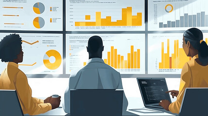 Poster - Business people analyzing financial data on multiple screens