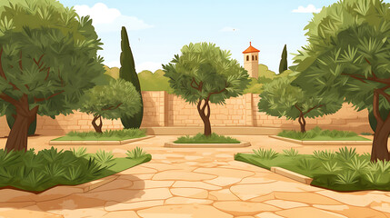 Tranquil courtyard with green trees and a stone path, perfect for a relaxing summer day. 
