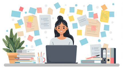Aufkleber - Happy manager woman working at her desk surrounded by flying documents and notes, managing her tasks and workflow