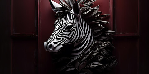 A black and white zebra head with dark leaves against a red background,  a dramatic and stylish design for modern home decor. 