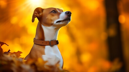 Wall Mural - A brown and white dog with a leather collar in an autumnal forest, perfect for pet, animal, and nature themes. 
