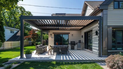 Contemporary suburban home with a back patio that features a smart pergola with adjustable louvers for sun control and weather protection