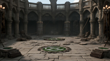 dark stone and green grass medieval castle courtyard, perfect for fantasy game design or historical 