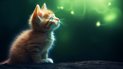 Orange kitten with blue eyes looking up at green glowing lights, a magical and whimsical image for pet lovers. 
