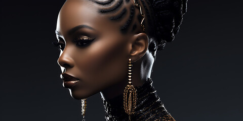 A woman with dark skin and gold jewelry in a glamorous and elegant portrait, perfect for fashion, beauty, and luxury brands. 
