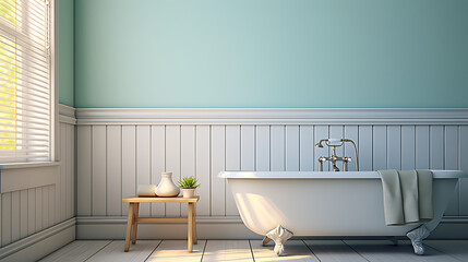 A white bathtub and a light blue wall, a relaxing and serene bathroom interior design, perfect for spa and wellness. 
