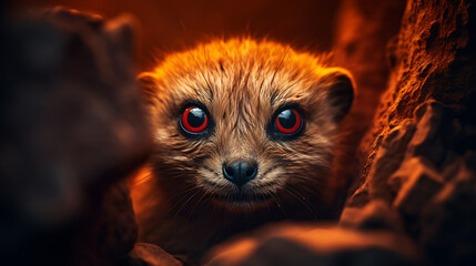 A close-up portrait of a brown and red fox with glowing red eyes, peering out from the shadows, creating a mysterious and captivating image. 
