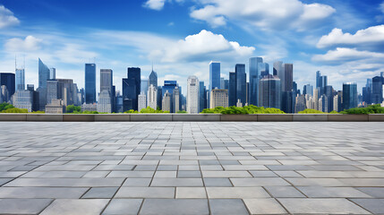 Empty urban cityscape with grey pavement and blue skyscrapers under a bright summer sky. 
