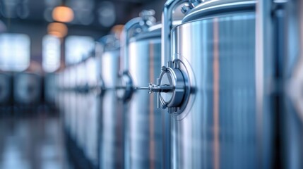 Wall Mural - A row of large stainless steel fermentation tanks in a modern brewery showcasing a clean, professional, and efficient brewing setup under soft industrial lighting.