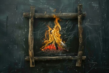 Poster - A warm and cozy scene of a fire burning within a wooden frame, perfect for a rustic or outdoorsy-themed setting