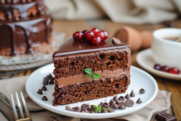 Wall Mural - Delicious chocolate cake with chocolate glaze and cranberries being served on white plate