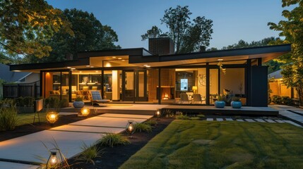 Mid-century modern suburban home with a customizable lighting system that includes vintage-style bulbs controlled via an app to adjust brightness and color temperature