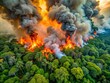 © Man888 - Aerial view of massive wildfire engulfing lush green rainforest, flames consuming ancient trees, smoke billowing into atmosphere, highlighting devastating ecological disaster and climate emergency.