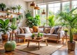 © Man888 - Soothing greenery-filled living room with lush potted plants, soft cushions, and warm wooden accents invites relaxation and serenity in this peaceful home oasis.