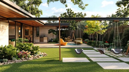 Mid-century modern suburban backyard with a sculptural swing set, custom landscaping, and a family-friendly design