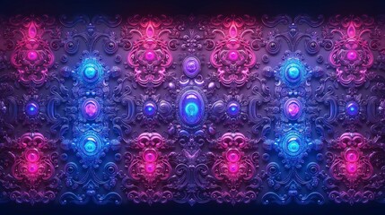Wall Mural - intricate ornamental design with vibrant pink and blue lighting creating a mesmerizing pattern.