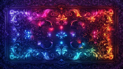 Wall Mural - A vibrant and intricate neon-colored ornamental pattern with swirling designs.