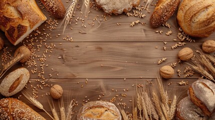 Poster - Creative arrangement of various types of bread and wheat spikelets on wooden surface Concept of nutritious food presentation from above with empty area for text