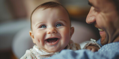 Close-up of a happy baby smiling while being held by father, creating a joyful and heartwarming scene.