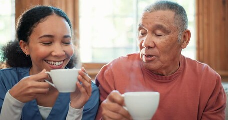 Poster - Coffee, smile or visit with a nurse and patient on a sofa in the living room of a home for assisted living. Face, tea or relax with a woman volunteer and senior man in an apartment for retirement