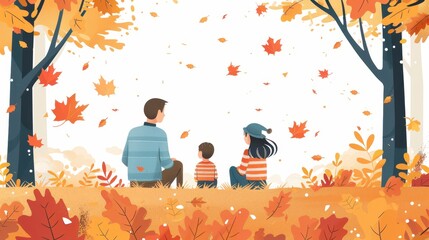 Wall Mural - A family of three sits in a field of autumn leaves