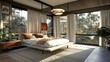 © Ramzan - Suburban mid-century modern master bedroom with a cantilevered bed and automated curtain system