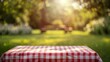 © Nicholas - An image of a perfectly serene picnic setting featuring a red and white checkered cloth on a table in a lush, sun-dappled park, exuding calm and a leisurely atmosphere.