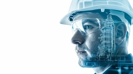 Wall Mural - A man wearing a hard hat and safety glasses looks at a computer screen