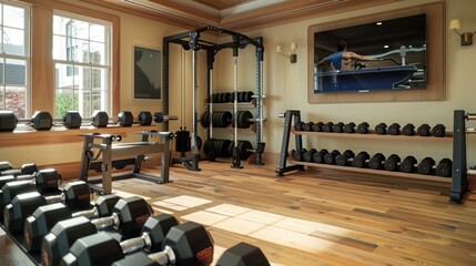 Craftsman-inspired home gym with a wooden floor, a wall-mounted TV, and a selection of free weights on a rack