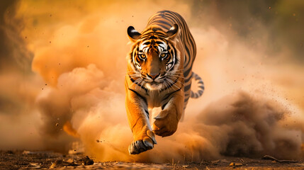 Wall Mural - powerful tiger sprinting with ferocity and speed on a dirt road leaving a trail of dust and smoke in