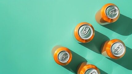 Minimalist Isometric Perspective of Five Orange Soda Cans on Pastel Green Background, Captured from Above in High Resolution. Ideal for Refreshing Beverage Concepts, Advertising, and Modern Graphic 