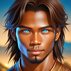 Wall Mural - ai generative of a young man with long brown skin and blue eyes