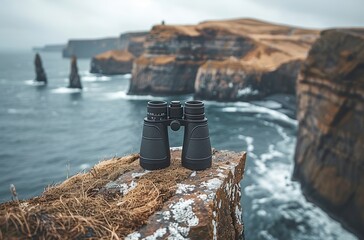 Poster - Binoculars on a cliff overlooking the ocean