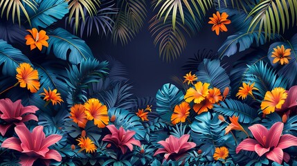 Wall Mural - Tropical rainforest scenes depict the lush and vibrant landscapes of rainforests with diverse flora and fauna perfect for exotic and colorful backgrounds Background Illustration, Bright color tones,