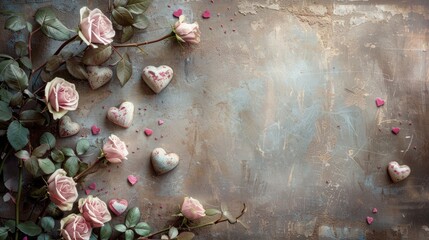 Wall Mural - Vintage Valentine s Day concept with pink roses and love hearts