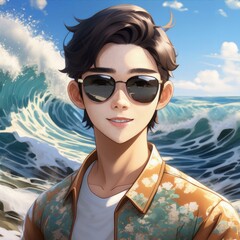 Wall Mural - ai generative of  a young man wearing sunglasses posing against the sea waves