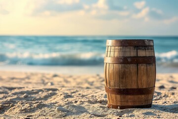 Wall Mural - a wooden barrel on the beach at sunset