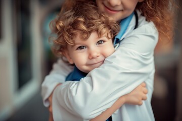 Sticker - a little boy hugging his doctor