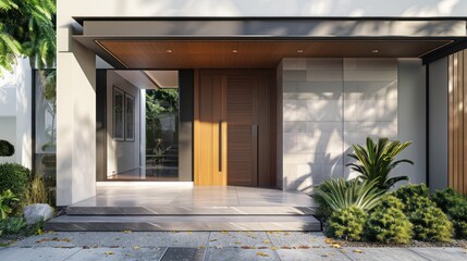 suburban contemporary home's entrance with a bespoke wooden door and sleek, modern landscaping