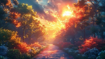 Wall Mural - Sunlit forest paths meander through colorful and lush forests with dappled sunlight creating a serene and inviting scene perfect for tranquil backgrounds Background Illustration, Bright color tones,