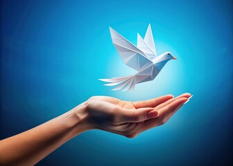 Vibrant blue background features a delicate paper bird born from a hand, symbolizing freedom of thought, open communication, and innovative business concepts unfolding.