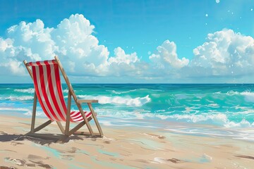 Wall Mural - A beach chair is sitting on the sand next to the ocean. The chair is red and white striped. The sky is blue and cloudy