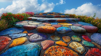 Wall Mural - Colorful stone paths meander through vibrant landscapes with a variety of hues creating a picturesque and inviting scene perfect for nature-themed backgrounds Background Illustration, Bright color