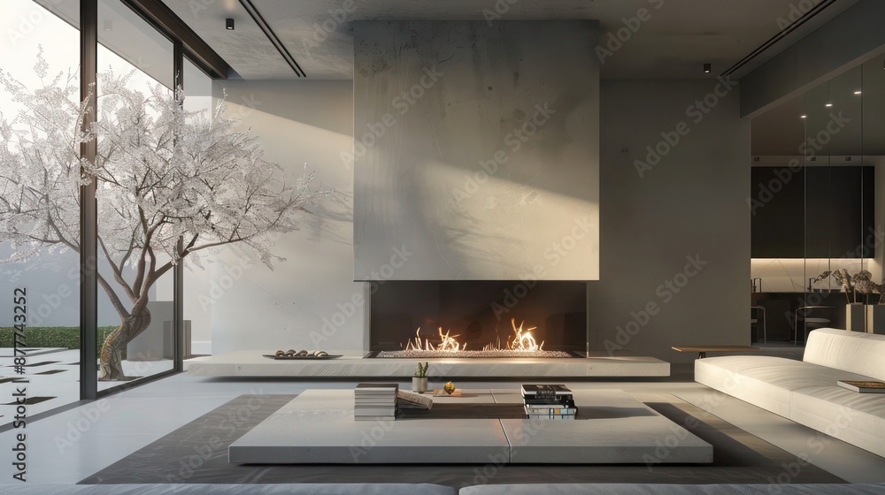 Contemporary suburban living room with an architectural fireplace that ...