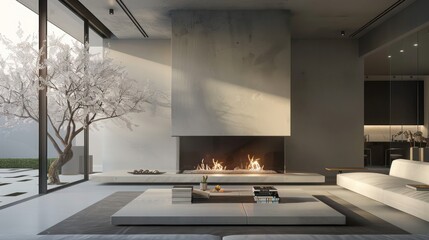 Contemporary suburban living room with an architectural fireplace that serves as the focal point, surrounded by minimalist furnishings