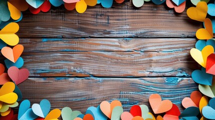 Wall Mural - Frame of colorful paper hearts on old wooden background with copy space Texture concept for Valentine s Day