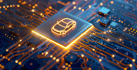 Concept of autonomous car technology, microchip with digital circuit board symbolizing self-driving future and automotive innovation.