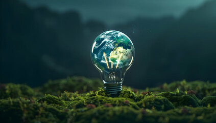 Creative concept of a light bulb with Earth inside, symbolizing global energy and environmental conservation on a mossy background.