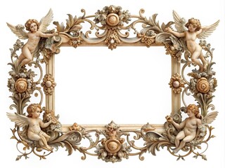 Ornate vintage frame with intricate angels, ornamental rectangles, and ornate borders, perfect for decorative wedding photos, antique museum displays, or deco dividers, isolated on a white background.