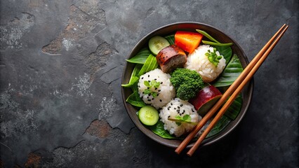 Sticker - vegan bowl with onigiri on dark background, top view, vegan, bowl, onigiri, Japanese, rice, vegetables, healthy, plant-based